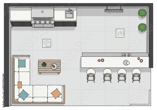 Modern Kitchen and Living Area Floor Plan Layout With Island Seating and Sectional Sofa Arrangement furniture icons interior design architecture