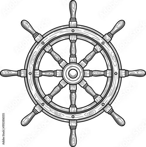 Detailed black and white illustration of traditional ship’s wheel helm with eight handles and wood grain texture, symbolizing navigation, sailing, maritime heritage, leadership, and direction.