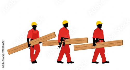 Construction Workers Carrying Wooden Planks.