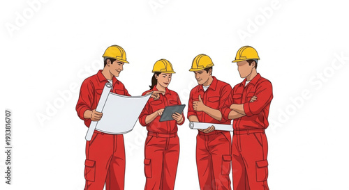 Construction workers collaborating on a blueprint project.