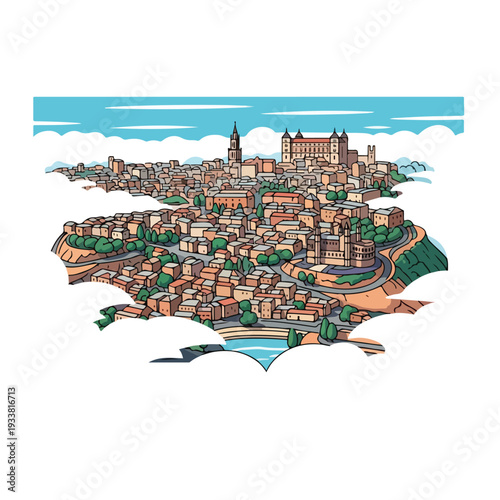 Aerial view of a medieval town with castle, church, and river, surrounded by lush green trees and rolling hills