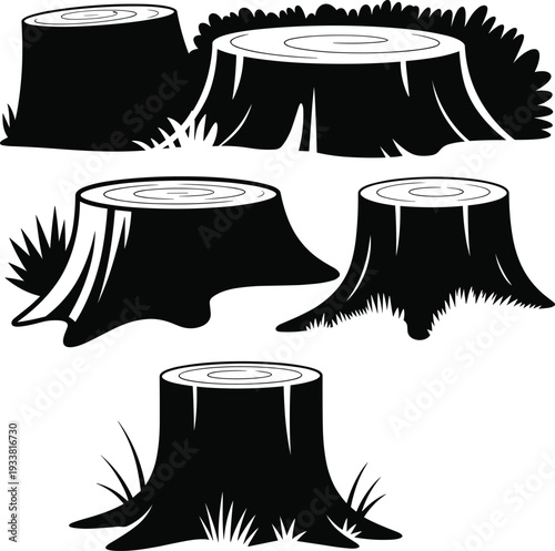Black and white tree stump silhouette collection isolated vector illustration set representing deforestation, logging and forest environment concept