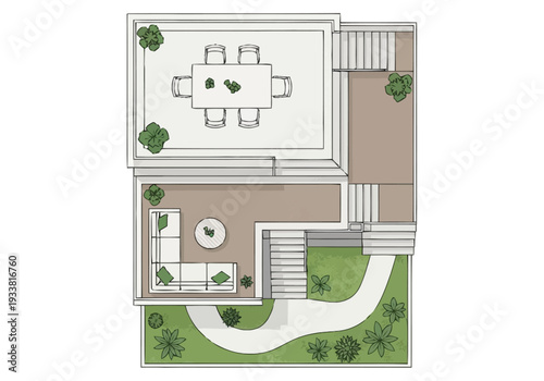 Modern Elevated Outdoor Living Space Top Down View with Dining and Lounge Areas and Landscaped Lawn and Pathways furniture icons interior design