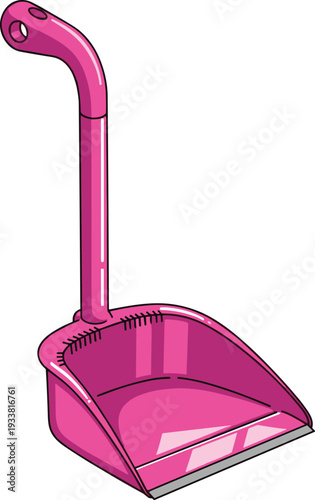 Pink dustpan illustration with long handle, curved design, and flat edge for sweeping debris, symbolizing cleaning tools, household chores, hygiene, and everyday utility artwork.