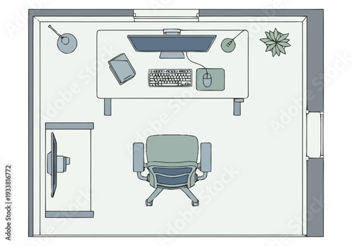 Overhead view of a modern minimalist home office setup featuring a desk with computer equipment and a comfortable ergonomic chair furniture icons