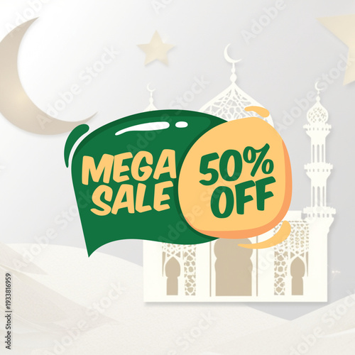 Discover amazing savings with a generous half-price discount during a special festive season, highlighted by elegant Islamic cultural symbols like mosques and crescent moons