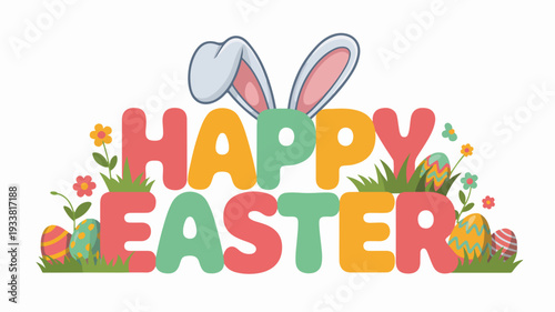 Vibrant Easter celebration with colorful eggs and bunny ears in a festive spring scene illustration