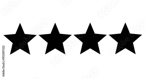 Four Black Stars Lined Up Isolated on White Background.