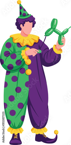 Clown posing with a green balloon dog sculpture. Suitable for circus event promotions or childrens party invitations and decorations.