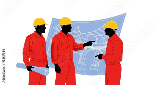 Construction workers discussing blueprints on site.
