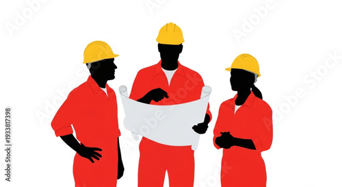 Construction workers discussing blueprints on white background.