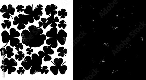 St. Patrick's Day Grunge Clover and Shamrock Pattern. Distressed black three-leaf and four-leaf clovers on white background, with a separate grunge texture element.
