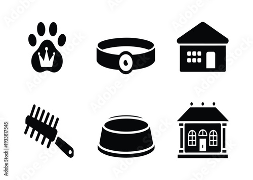 A collection of pet care icons including a paw print, collar, brush, bowl, and house
