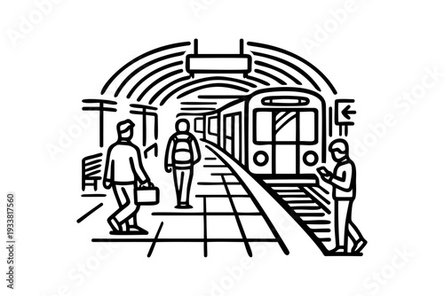 Perspective View of Subway Tunnel with Train and Passengers