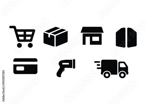 Black and white icons representing e-commerce elements like shopping cart, package, store, credit card, scanner, and delivery truck