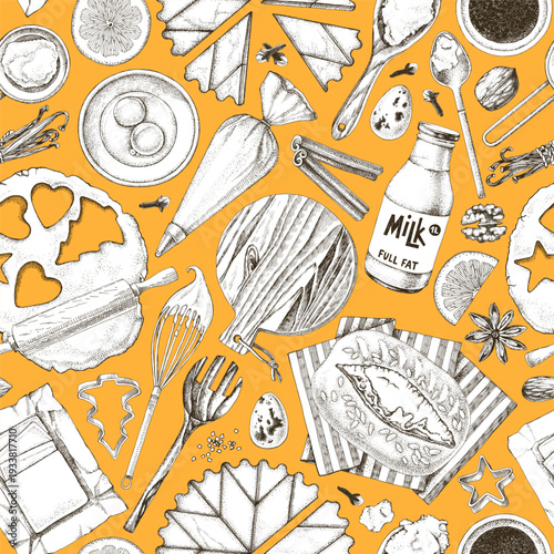 Seamless pattern with baking tools and ingredients