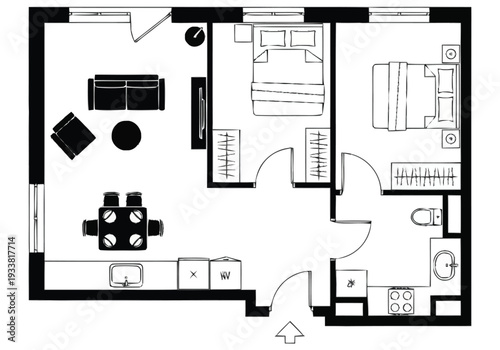 Modern Apartment Floor Plan Layout With Two Bedrooms Kitchen Living Area And Bathroom Detailed Blueprint Design For Real Estate furniture icons
