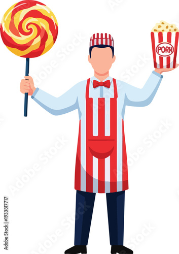 Candy vendor with lollipop and popcorn, ideal for promotional materials, concession stand visuals, vintage fair themes. Retro, colorful, festive.