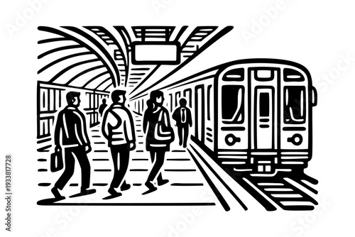 Subway Station Platform with Commuters and Arriving Train