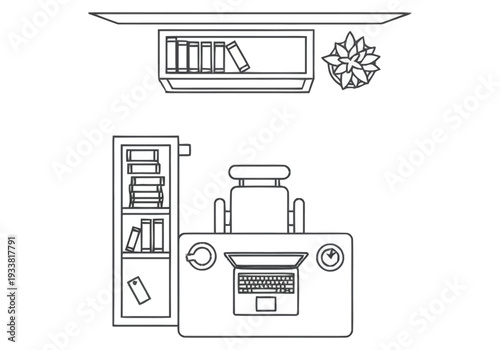Modern Workspace Top View Layout With Desk Laptop Chair Bookshelf Plant And Storage For Home Office Or Study Room Organization Design Elements