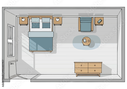 Modern Bedroom Layout Top View With Bed Nightstands Dresser Chair And Window Showing Interior Design Ideas furniture icons interior design