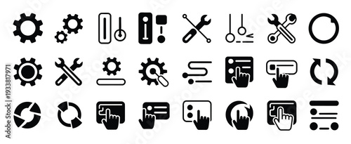 Collection of black glyph-style vector icons, showcasing system settings, user preferences, configuration, process management, and customization symbols for web, app, and software design.