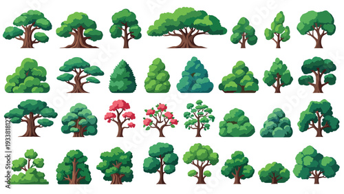 Extensive collection of diverse tree and bush illustrations in a vibrant cartoon style, suitable for creating landscape scenes.