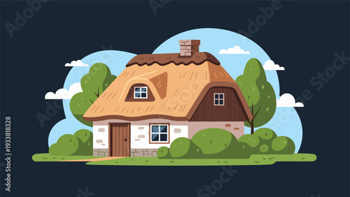 Cozy illustration of a quaint, rustic cottage with a thatched roof, surrounded by green trees against a dark blue sky.