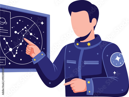 Astronaut pointing at a constellation map on a dark blue board suitable for educational materials, science fiction themes, and space exploration projects.
