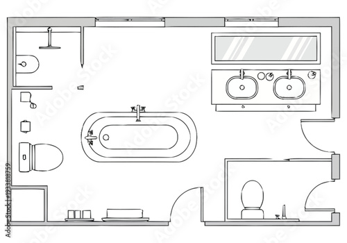 Modern Bathroom Floor Plan Design With Separate Shower Tub Double Sinks And Two Toilets For Contemporary Living Spaces furniture icons interior