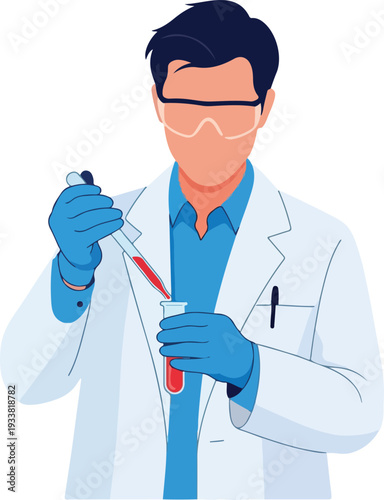 Scientist in a lab coat uses a pipette on a test tube. Ideal for science, research, experimentation, laboratory, chemistry, and technology concepts.