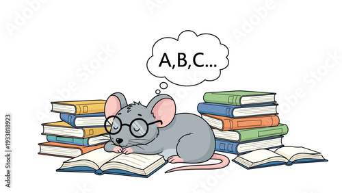 Cute cartoon mouse with glasses sleeping on an open book, surrounded by stacks of books and dreaming of the alphabet.