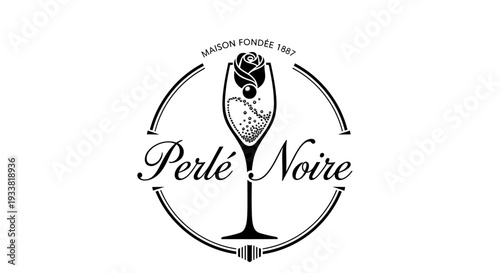 Elegant black and white vintage luxury logo illustration with champagne flute, rose, bubbles, and decorative typography in a circular frame.