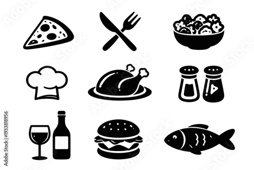 Monochrome food icon pack with pizza slice, fork and knife, salad bowl, chef hat, roast turkey, salt and pepper, wine bottle, burger and fish. Minimal for restaurant menus and apps.