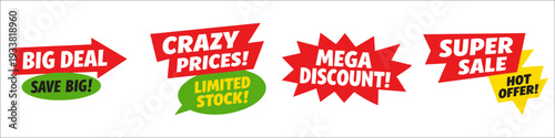 Set of five red discount banners with bold typography, green and yellow accents, and big deal messages like limited stock, mega discount, and hot offer for retail ads and ecommerce.