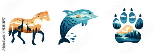 Wildlife double exposure set with horse, leaping dolphin and paw print silhouettes showing savanna and forest, mountains, ocean waves, fish and sunrise, blue teal orange vector art.