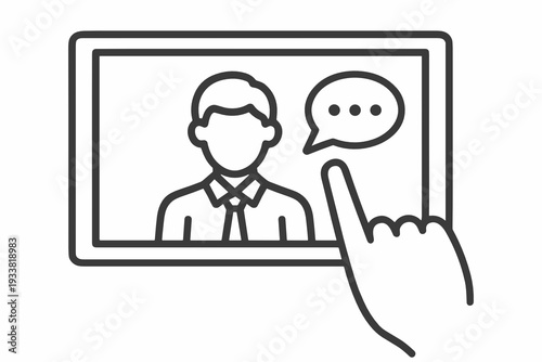 Tablet with person avatar and chat bubble while a hand taps the screen, outline vector. Concept of video call, teleconference, customer support, and online communication.