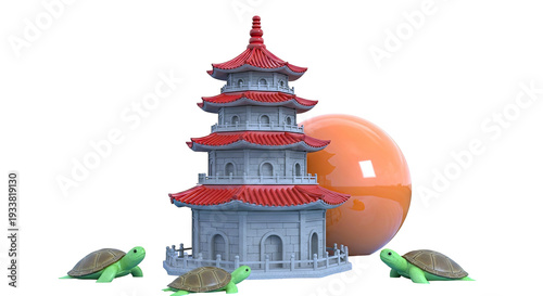 Pagoda, Orange Sphere, and Turtles
