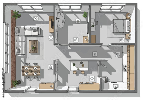 Modern Apartment Floor Plan Layout With Living Dining Kitchen Bedroom Bathrooms And Furniture Showing Interior Design Elements For Real Estate