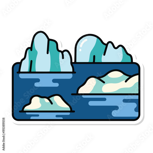 Iceberg illustration with floating ice chunks in cold arctic waters, a graphic representation of climate change from a bird's eye view.