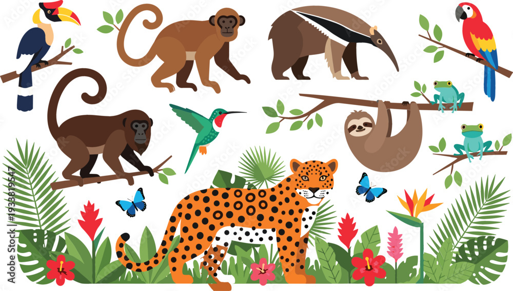 Fototapeta premium Colorful tropical rainforest animals vector illustration featuring monkey sloth leopard toucan parrot frogs butterflies and lush jungle foliage