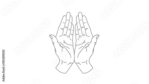 Line art drawing of two open hands held together in a gesture of prayer, giving, or receiving, isolated on a white background.