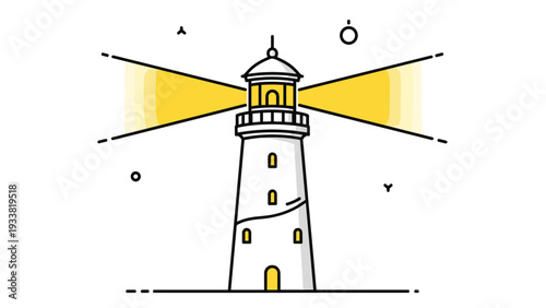 Simple lighthouse tower emitting bright yellow light beams from its top, featuring a minimalist outline style with small icons.