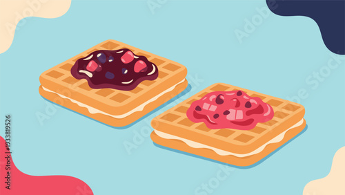 Two square waffles topped with fruit jam and berries, featuring colorful abstract shapes in the background for a modern food look.