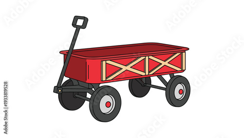 Perspective view of a classic red garden wagon with a black handle and wooden side panels, perfect for transport or child play.
