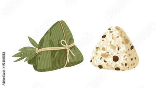 Traditional zongzi wrapped in bamboo leaves next to a triangular rice ball with visible beans and seasonings in a food illustration.