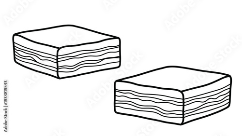 Two square blocks of layered tamagoyaki or omelet shown in a simple black and white line art style for culinary design projects.
