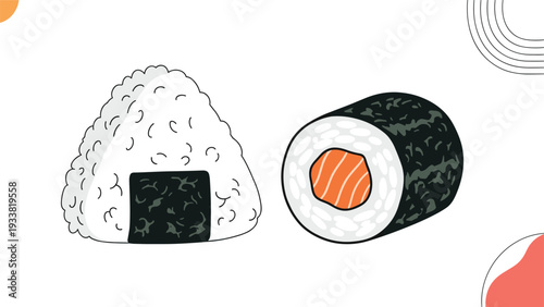 Triangular onigiri rice ball wrapped in seaweed next to a round salmon sushi roll, representing popular Japanese snacks and meals.