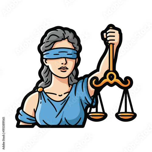 Blindfolded Lady Justice holding scales, symbolizing fairness and balance in the legal system, cartoon illustration