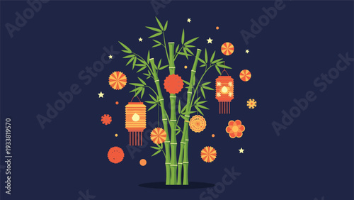 Festive bamboo tree decorated with colorful lanterns and paper ornaments against a dark blue background with stars for celebration.
